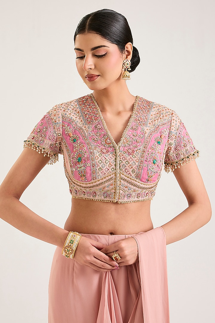 Dusty Pink Chiffon Pre-Stitched Reception Saree Set by Ridhi Mehra at Pernia's Pop Up Shop