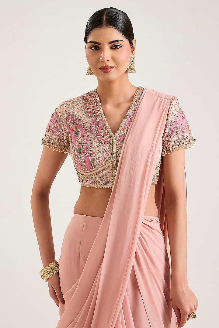 Dusty Pink Chiffon Pre-Stitched Reception Saree Set by Ridhi Mehra at Pernia's Pop Up Shop