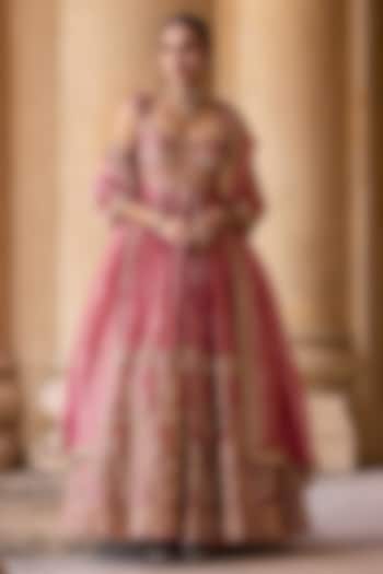 Fuchsia-Gold Tissue Embroidered Bridal Anarkali Set by Ridhi Mehra at Pernia's Pop Up Shop