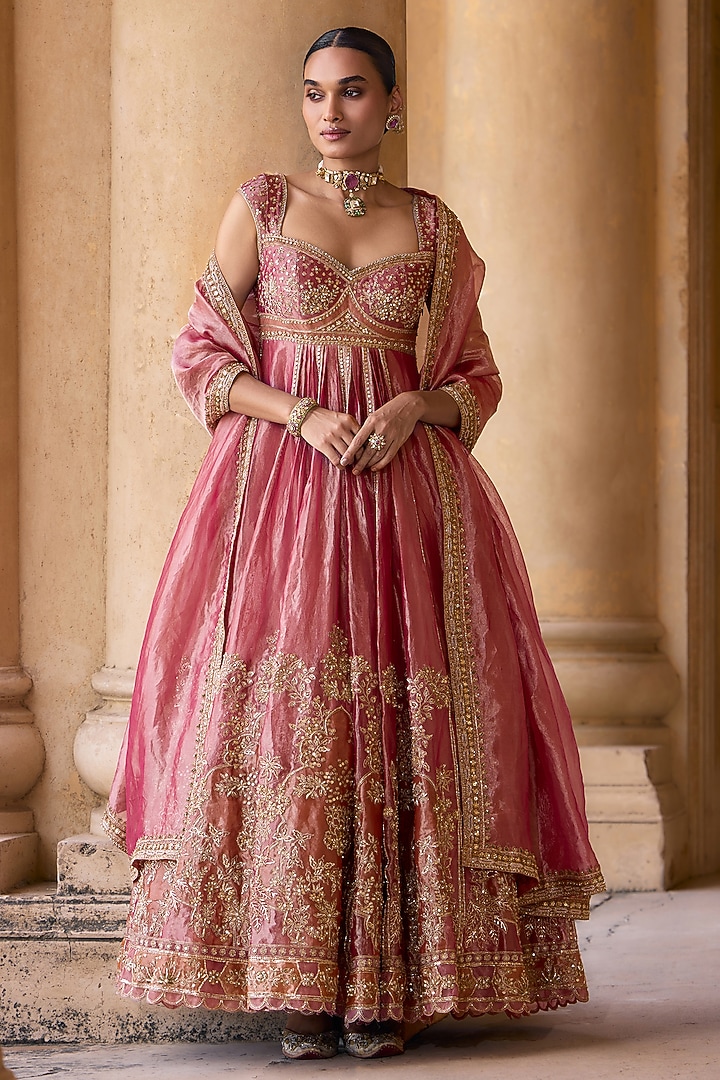 Fuchsia-Gold Tissue Embroidered Bridal Anarkali Set by Ridhi Mehra at Pernia's Pop Up Shop