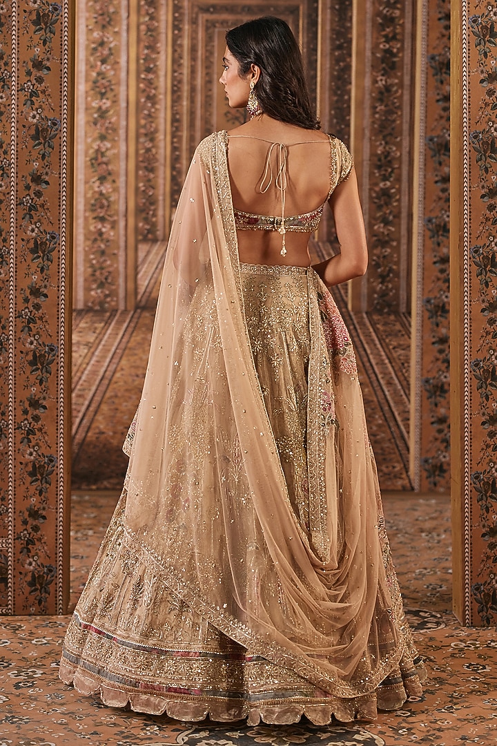 Gunmetal Gold Tissue Embroidered Bridal Bridal Lehenga Set by Ridhi Mehra at Pernia's Pop Up Shop