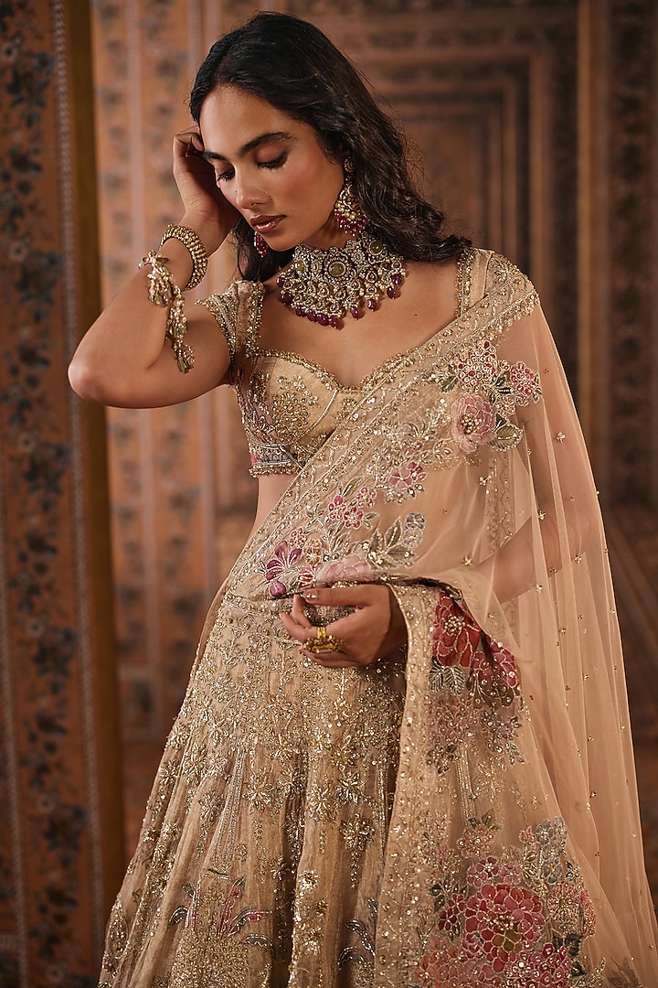 Gunmetal Gold Tissue Embroidered Bridal Bridal Lehenga Set by Ridhi Mehra at Pernia's Pop Up Shop