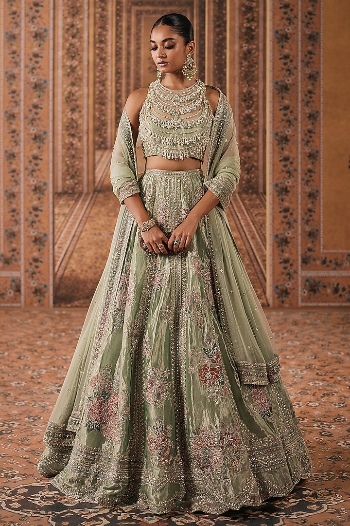 Mint Gold Tissue Embroidered Bridal Bridal Lehenga Set by Ridhi Mehra at Pernia's Pop Up Shop
