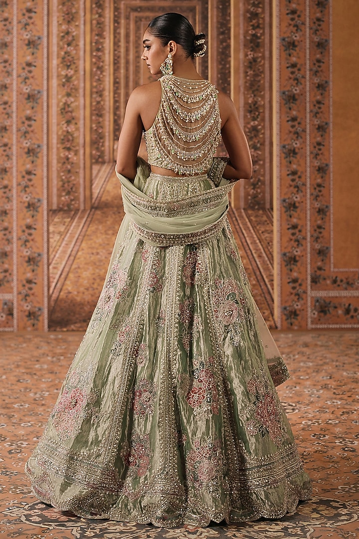 Mint Gold Tissue Embroidered Bridal Bridal Lehenga Set by Ridhi Mehra at Pernia's Pop Up Shop