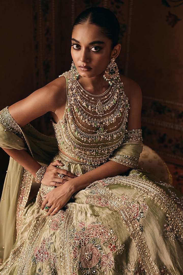 Mint Gold Tissue Embroidered Bridal Bridal Lehenga Set by Ridhi Mehra at Pernia's Pop Up Shop