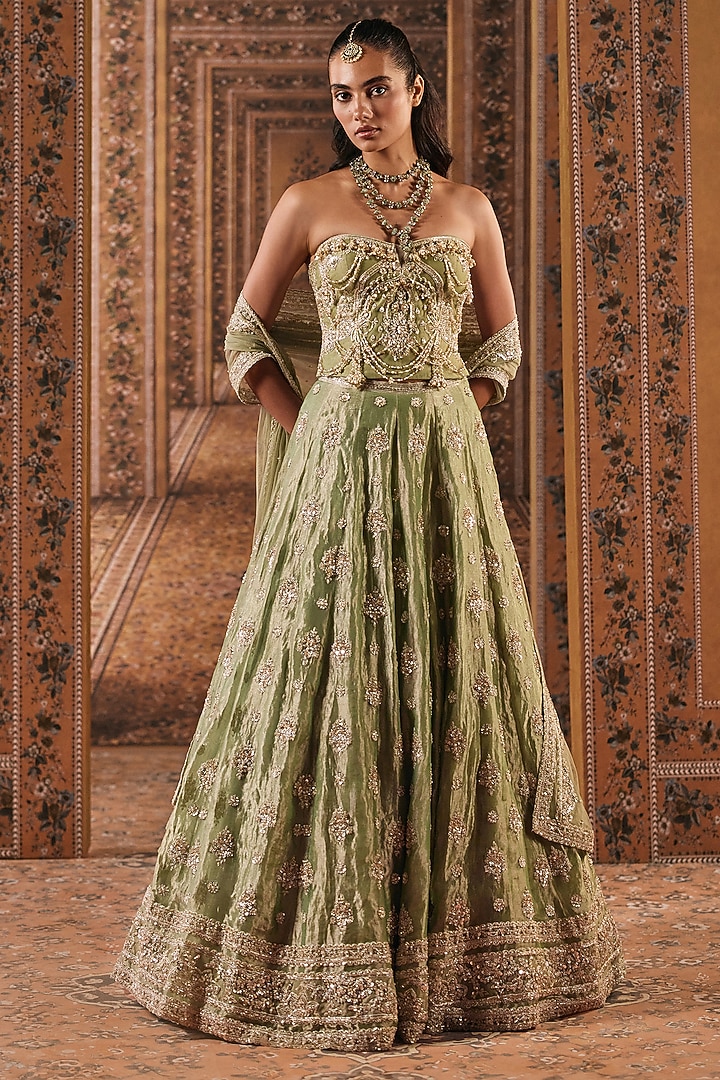 Mint Gold Tissue Boota Embroidered Bridal Bridal Lehenga Set by Ridhi Mehra at Pernia's Pop Up Shop