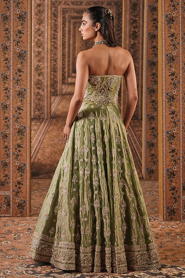 Mint Gold Tissue Boota Embroidered Bridal Bridal Lehenga Set by Ridhi Mehra at Pernia's Pop Up Shop