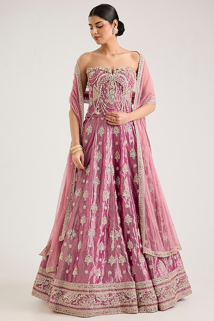 Fuchsia & Gold Tissue Embroidered Bridal Bridal Lehenga Set by Ridhi Mehra at Pernia's Pop Up Shop