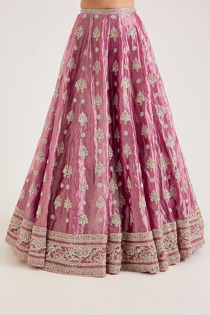 Fuchsia & Gold Tissue Embroidered Bridal Bridal Lehenga Set by Ridhi Mehra at Pernia's Pop Up Shop