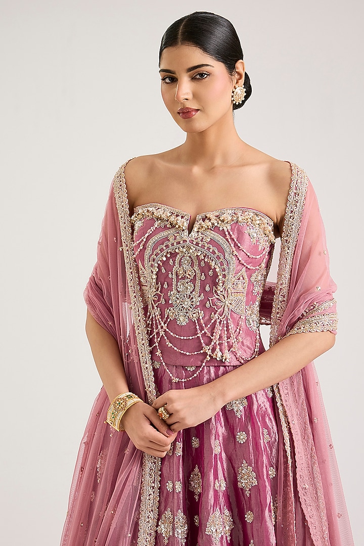 Fuchsia & Gold Tissue Embroidered Bridal Bridal Lehenga Set by Ridhi Mehra at Pernia's Pop Up Shop