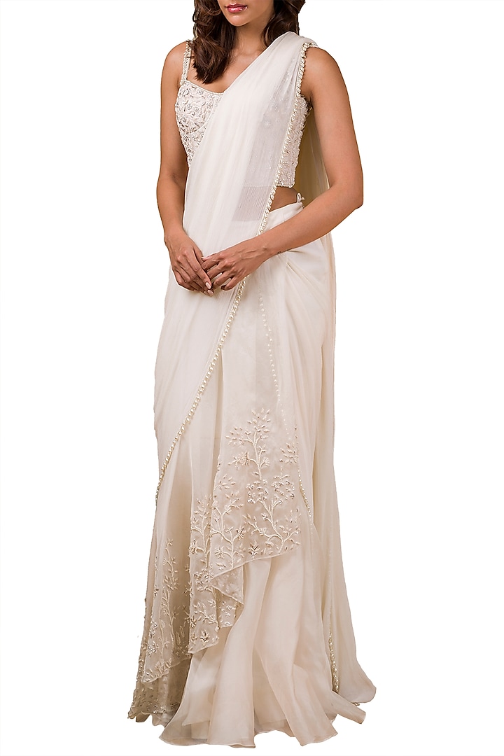 Ivory Embroidered Pre-Draped Saree Set by Ridhi Mehra