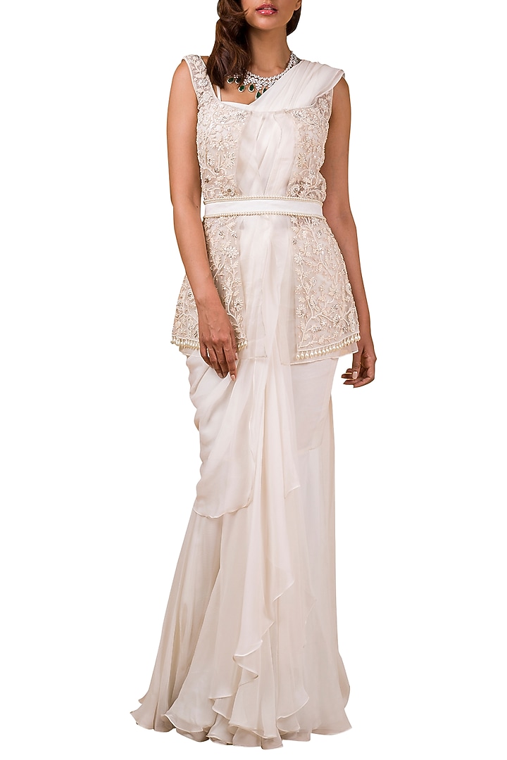 Ivory Embroidered Pre-Draped Reception Saree Set With Belt by Ridhi Mehra at Pernia's Pop Up Shop