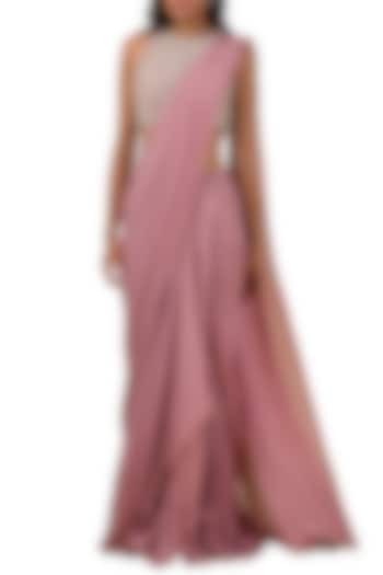 Onion Pink Embroidered Pre-Draped Saree Set by Ridhi Mehra