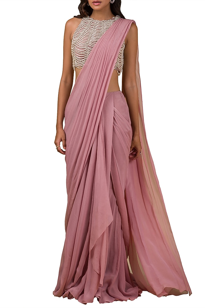 Onion Pink Embroidered Pre-Draped Reception Saree Set by Ridhi Mehra at Pernia's Pop Up Shop