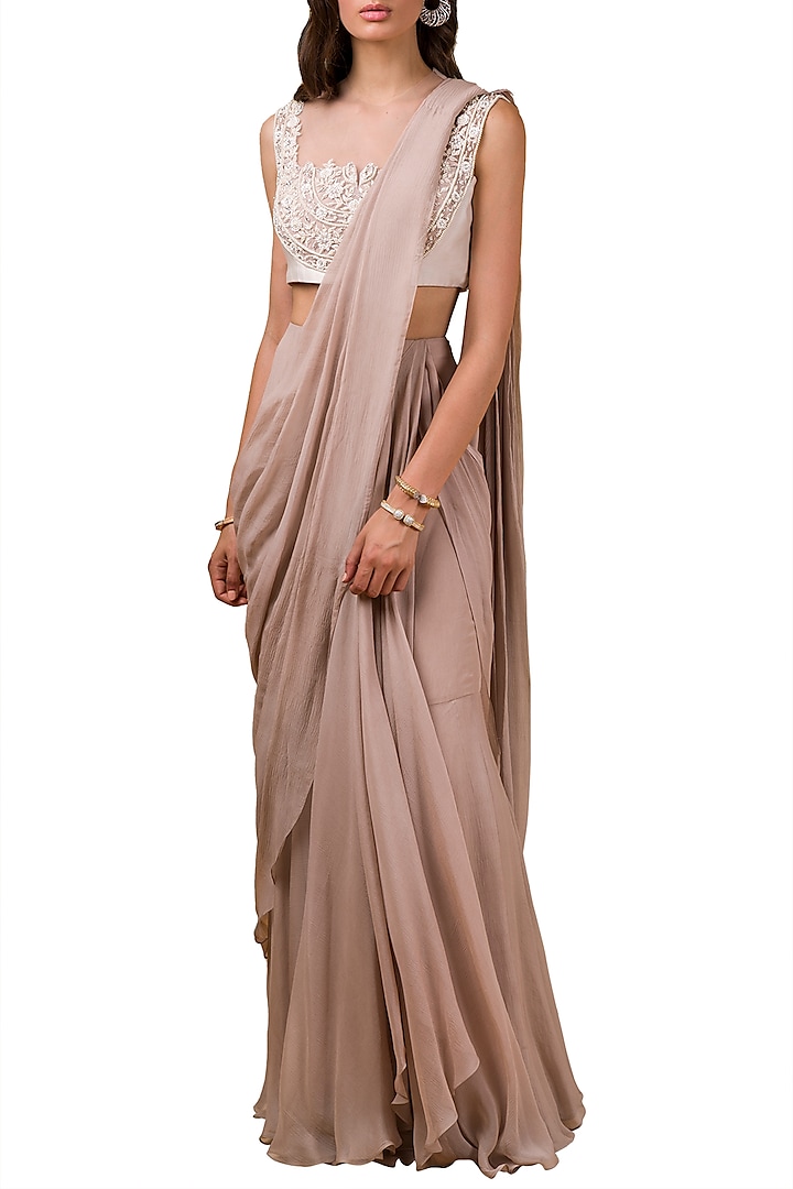 Champaign Gold Embellished Pre-Draped Saree Set by Ridhi Mehra
