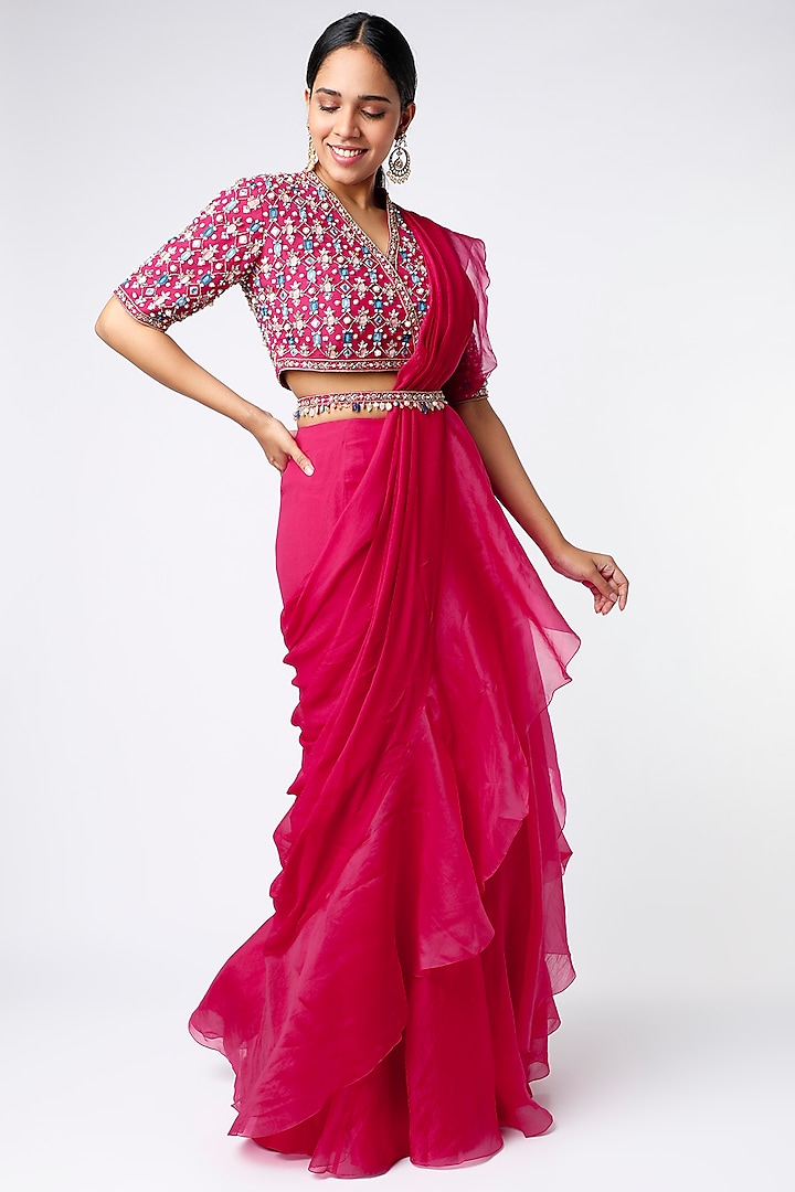 Deep Fuchsia Draped Saree Set by Ridhi Mehra