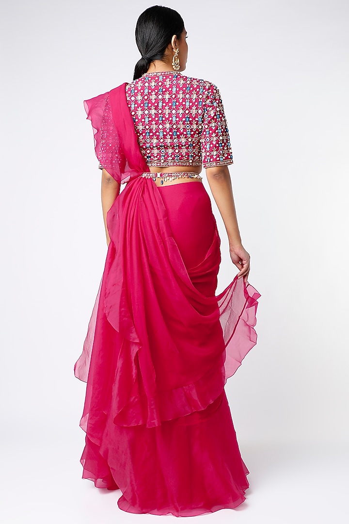 Deep Fuchsia Draped Reception Saree Set by Ridhi Mehra at Pernia's Pop Up Shop