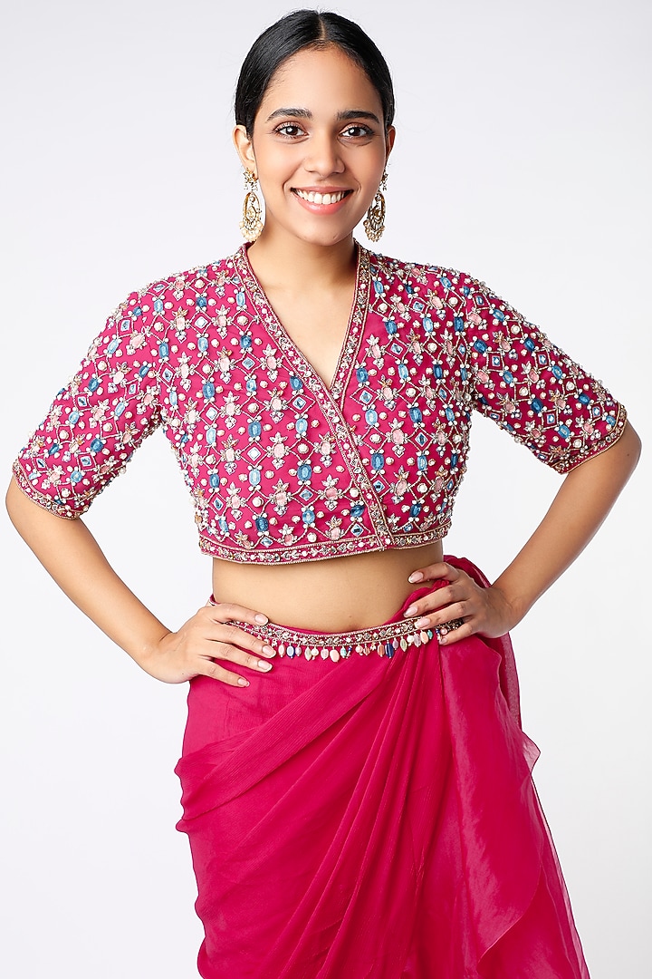 Deep Fuchsia Draped Reception Saree Set by Ridhi Mehra at Pernia's Pop Up Shop