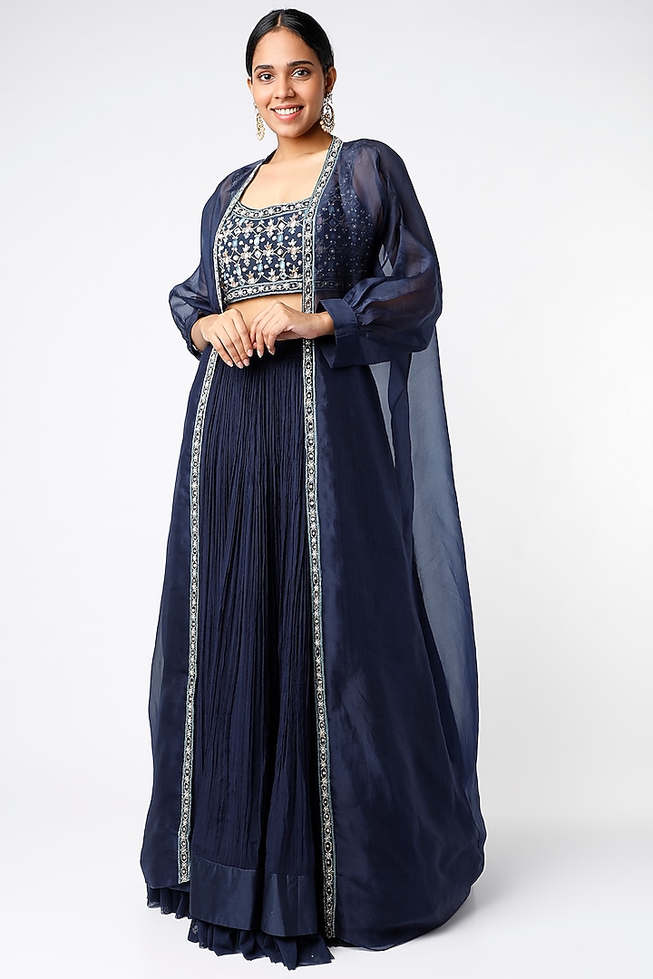 Navy Blue Chiffon Ruched Skirt Set by Ridhi Mehra