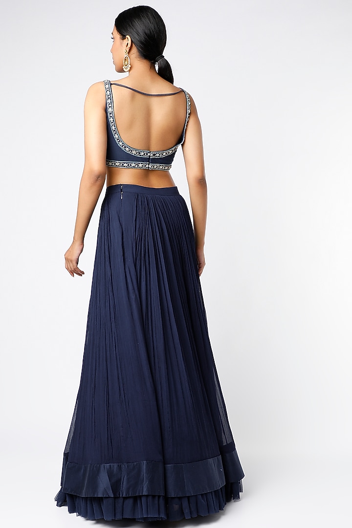 Navy Blue Chiffon Ruched Skirt Set by Ridhi Mehra at Pernia's Pop Up Shop