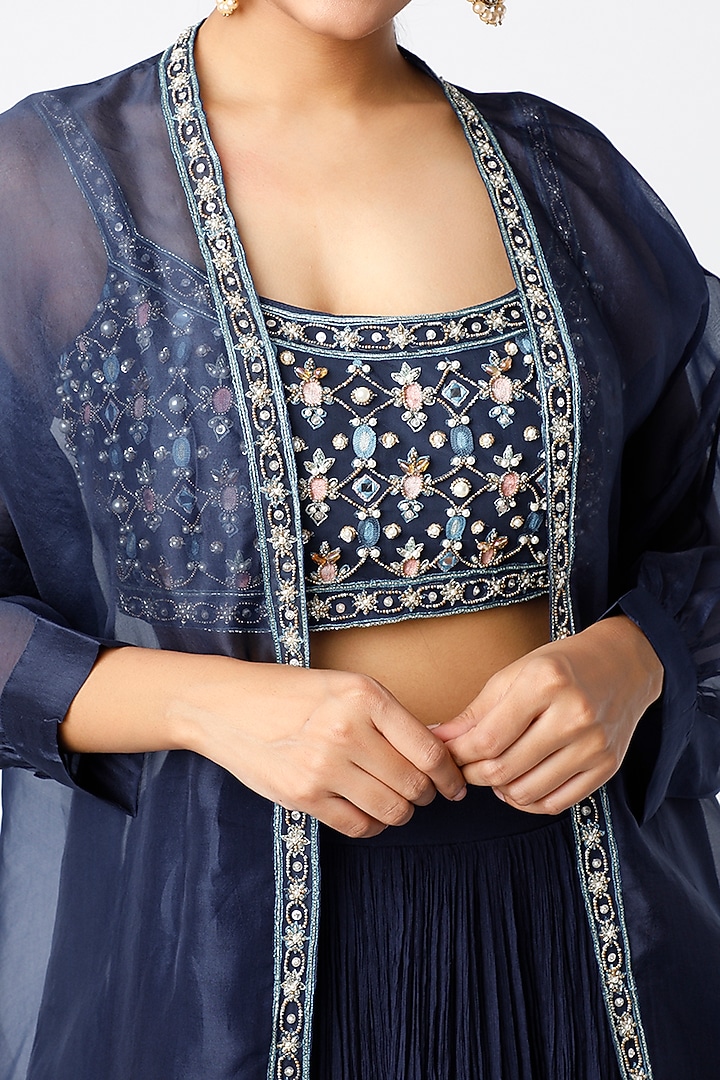 Navy Blue Chiffon Ruched Skirt Set by Ridhi Mehra at Pernia's Pop Up Shop