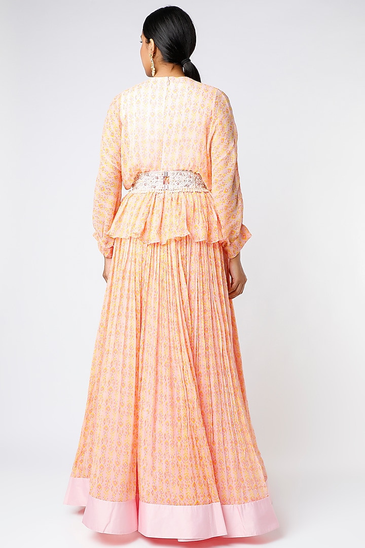Orchid Pink Chiffon Ikat Printed Ruched Skirt Set by Ridhi Mehra at Pernia's Pop Up Shop