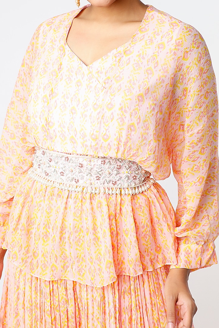 Orchid Pink Chiffon Ikat Printed Ruched Skirt Set by Ridhi Mehra at Pernia's Pop Up Shop