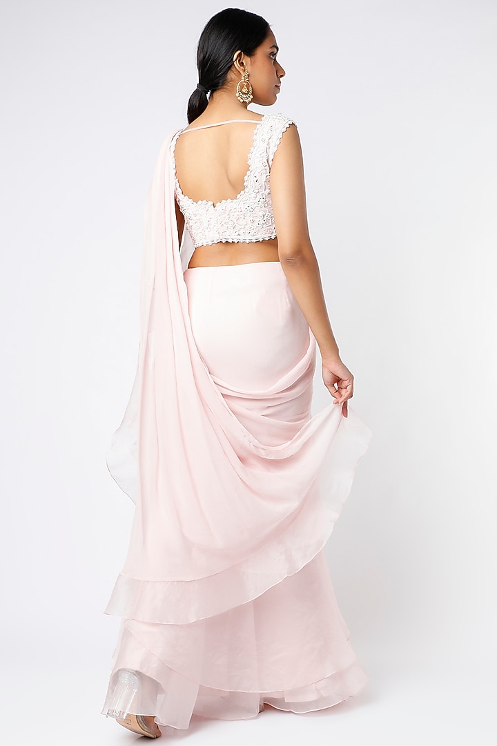 Chalk Pink Chiffon Draped Reception Saree Set by Ridhi Mehra at Pernia's Pop Up Shop