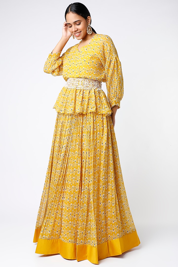 Yellow Ikat Printed Ruched Skirt Set by Ridhi Mehra