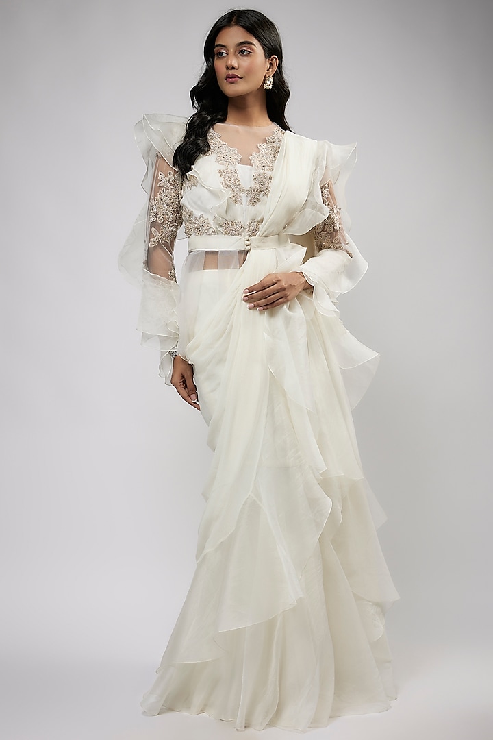 Ivory Chiffon Organza Draped Ruffle Saree Set by Ridhi Mehra at Pernia's Pop Up Shop