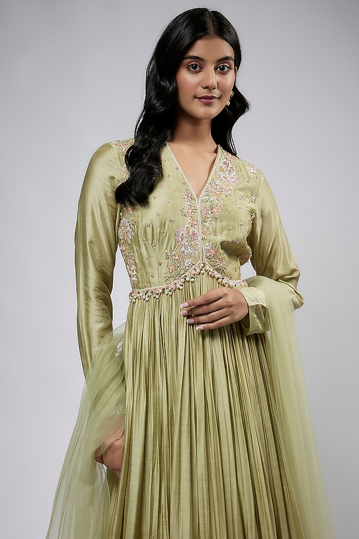 Mint Green Fine Silk Embroidered Bridal Anarkali Set by Ridhi Mehra at Pernia's Pop Up Shop