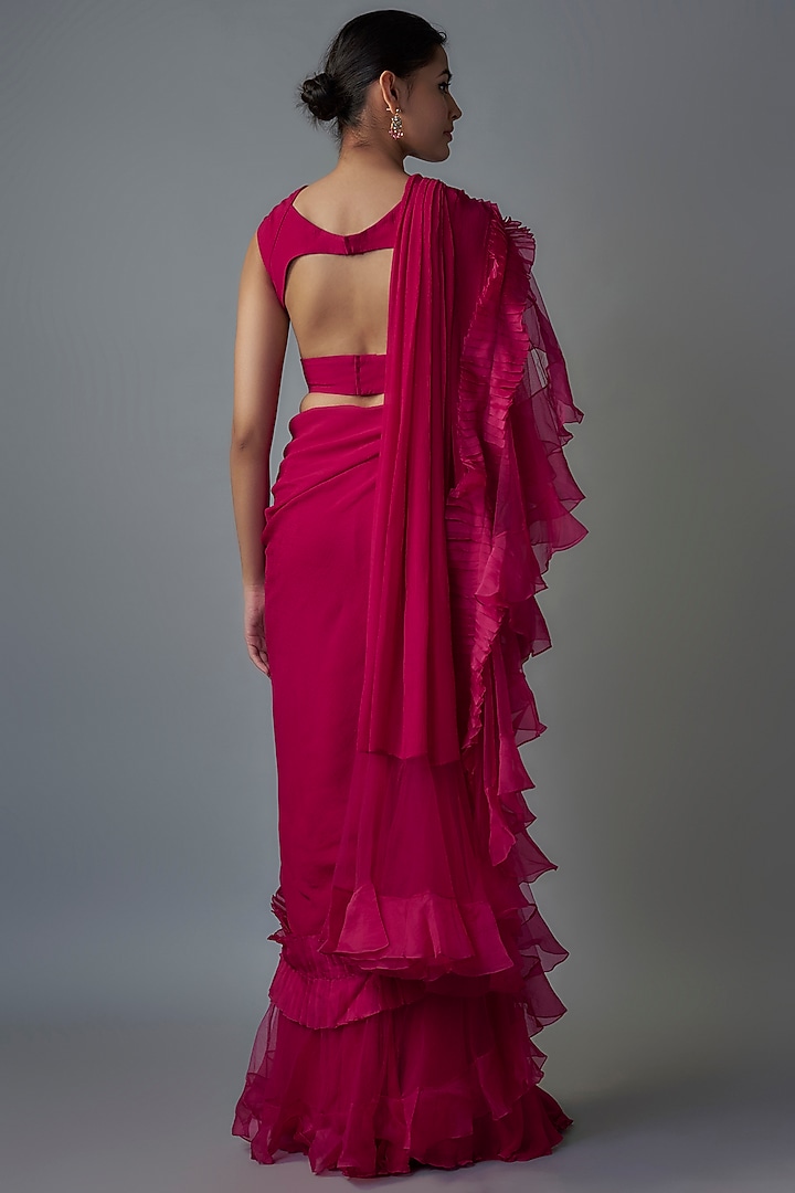 Fuchsia Chiffon Organza Ruffled Draped Reception Saree Set by Ridhi Mehra at Pernia's Pop Up Shop