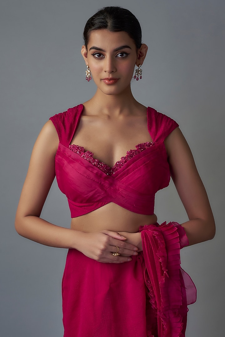 Fuchsia Chiffon Organza Ruffled Draped Reception Saree Set by Ridhi Mehra at Pernia's Pop Up Shop