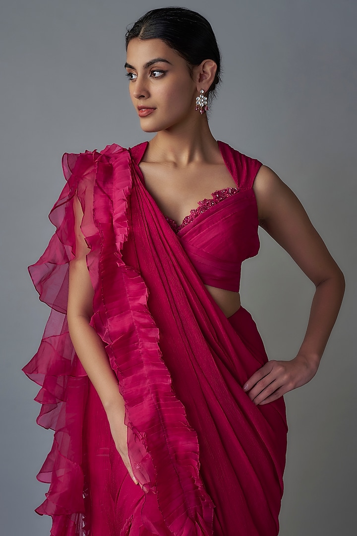 Fuchsia Chiffon Organza Ruffled Draped Reception Saree Set by Ridhi Mehra at Pernia's Pop Up Shop