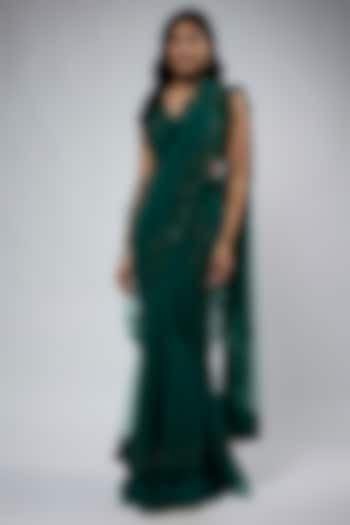 Emerald Green Net Embroidered Saree Set by Ridhi Mehra at Pernia's Pop Up Shop