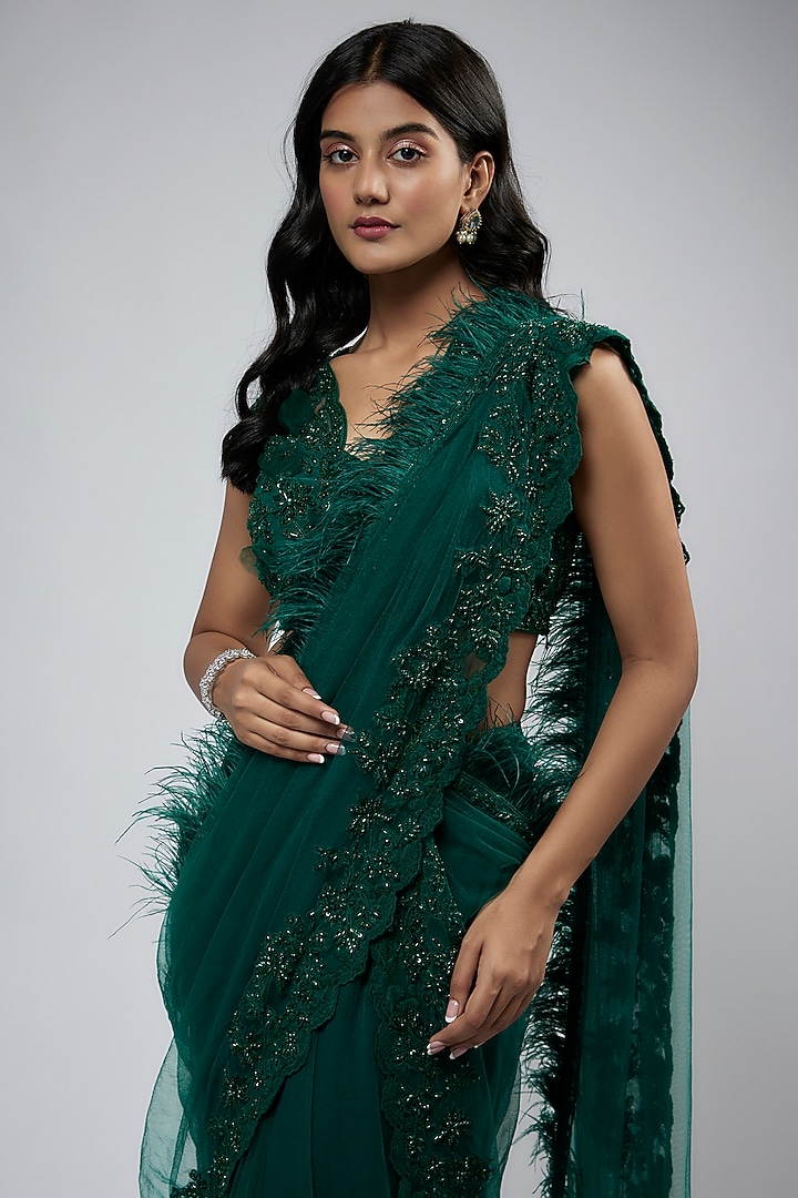 Emerald Green Net Embroidered Bridal Saree Set by Ridhi Mehra at Pernia's Pop Up Shop
