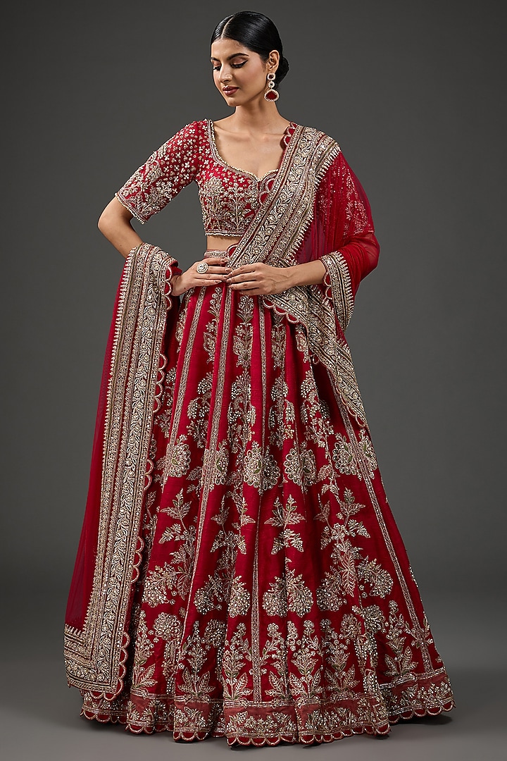 Red Raw Silk Embroidered Bridal Lehenga Set by Ridhi Mehra at Pernia's Pop Up Shop