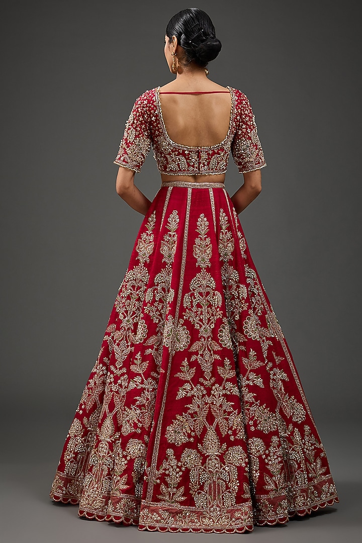 Red Raw Silk Embroidered Bridal Lehenga Set by Ridhi Mehra at Pernia's Pop Up Shop