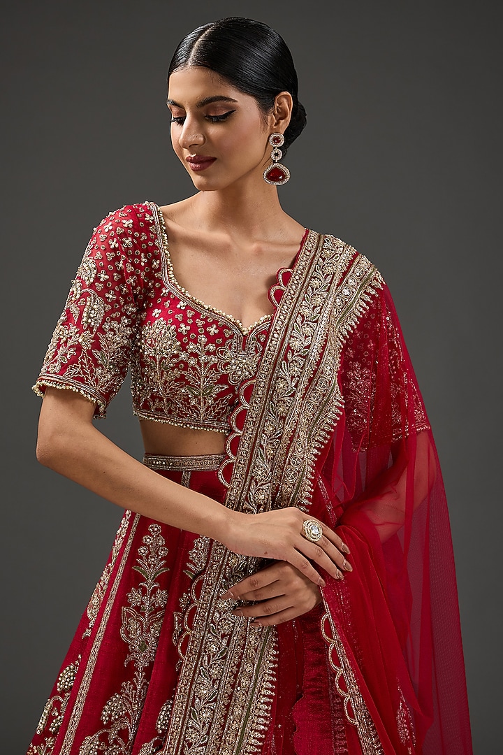 Red Raw Silk Embroidered Bridal Lehenga Set by Ridhi Mehra at Pernia's Pop Up Shop
