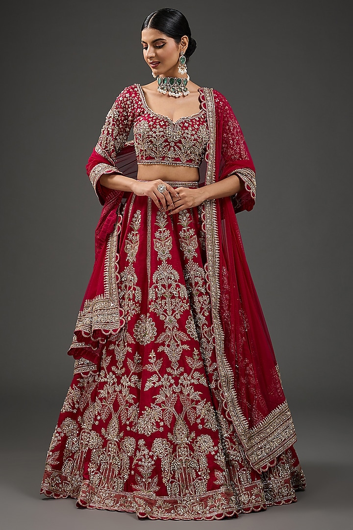 Deep Fuchsia Raw Silk Embroidered Lehenga Set by Ridhi Mehra