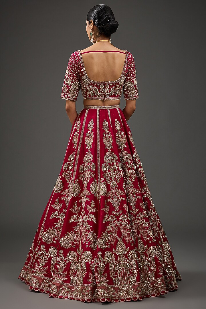 Deep Fuchsia Raw Silk Embroidered Bridal Lehenga Set by Ridhi Mehra at Pernia's Pop Up Shop