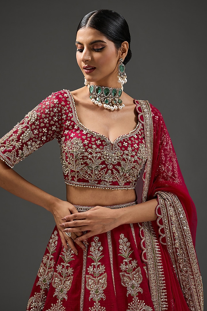 Deep Fuchsia Raw Silk Embroidered Bridal Lehenga Set by Ridhi Mehra at Pernia's Pop Up Shop