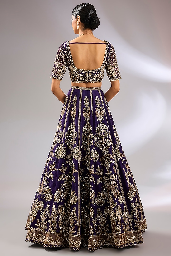 Purple Raw Silk Motif Embroidered Bridal Lehenga Set by Ridhi Mehra at Pernia's Pop Up Shop