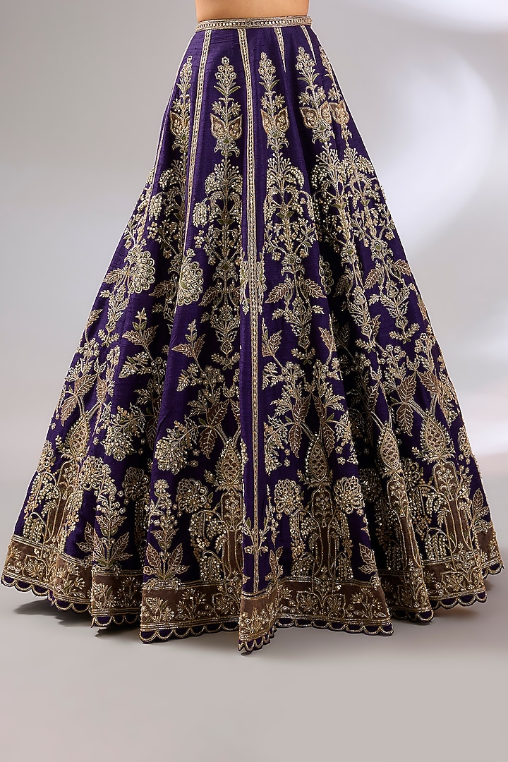 Purple Raw Silk Motif Embroidered Bridal Lehenga Set by Ridhi Mehra at Pernia's Pop Up Shop