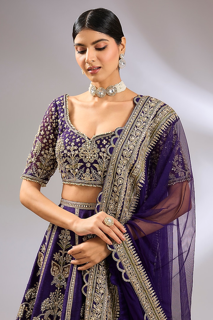 Purple Raw Silk Motif Embroidered Bridal Lehenga Set by Ridhi Mehra at Pernia's Pop Up Shop