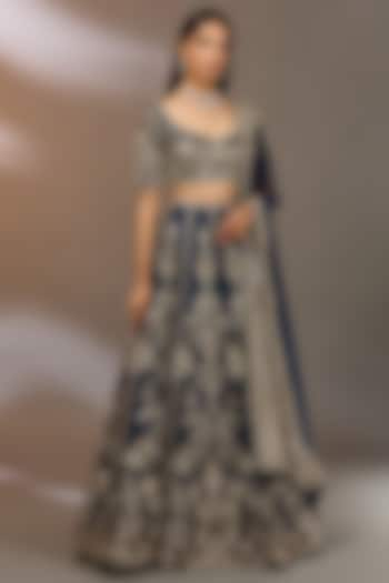 Navy Raw Silk Bridal Lehenga Set by Ridhi Mehra at Pernia's Pop Up Shop