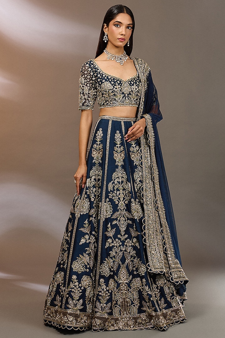 Navy Raw Silk Bridal Lehenga Set by Ridhi Mehra at Pernia's Pop Up Shop