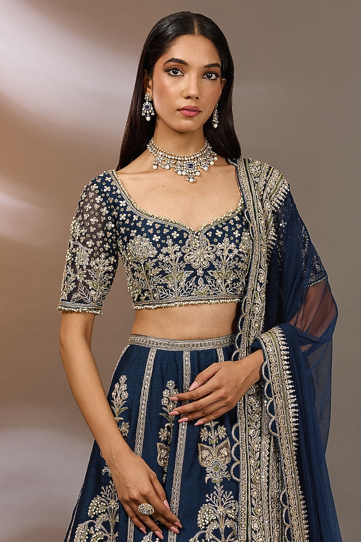 Navy Raw Silk Bridal Lehenga Set by Ridhi Mehra at Pernia's Pop Up Shop