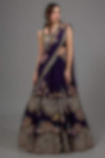 Purple Raw Silk Sequins & Crystal Embroidered Bridal Lehenga Set by Ridhi Mehra at Pernia's Pop Up Shop