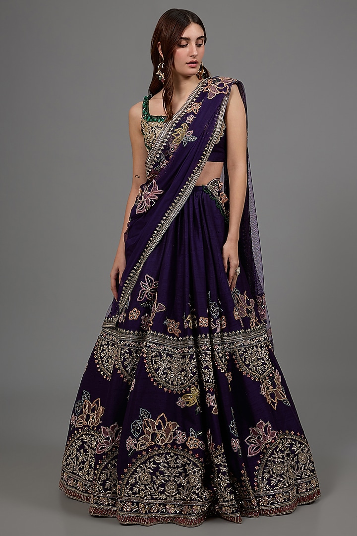 Purple Raw Silk Sequins & Crystal Embroidered Bridal Lehenga Set by Ridhi Mehra at Pernia's Pop Up Shop